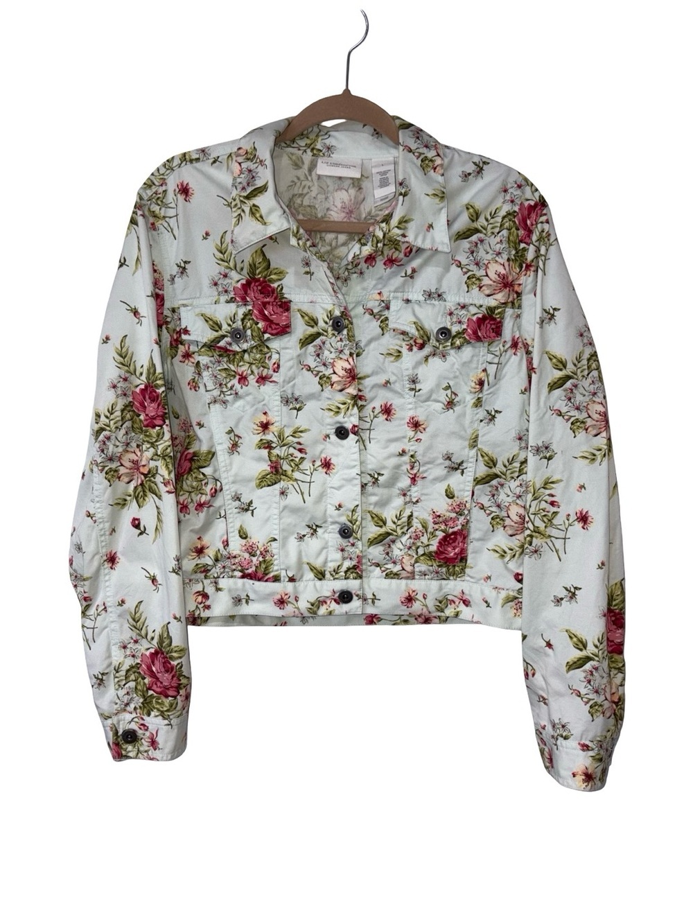 Liz Claiborne Floral Cropped Denim Jacket Size L 100% Cotton Cottagecore - Picture 2 of 9